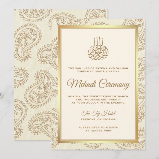 Cream and Gold Paisley Islamic Mehndi Ceremonony Kaart (Voorkant / Achterkant)