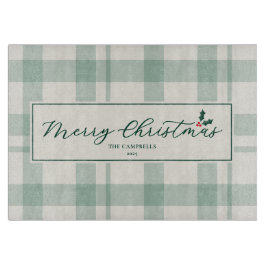 Cream and Green Plaid Merry Christmas Script Snijplank