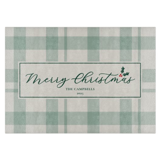 Cream and Green Plaid Merry Christmas Script Snijplank (Voorkant)