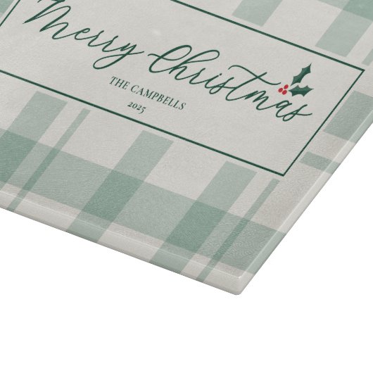Cream and Green Plaid Merry Christmas Script Snijplank (Hoek)