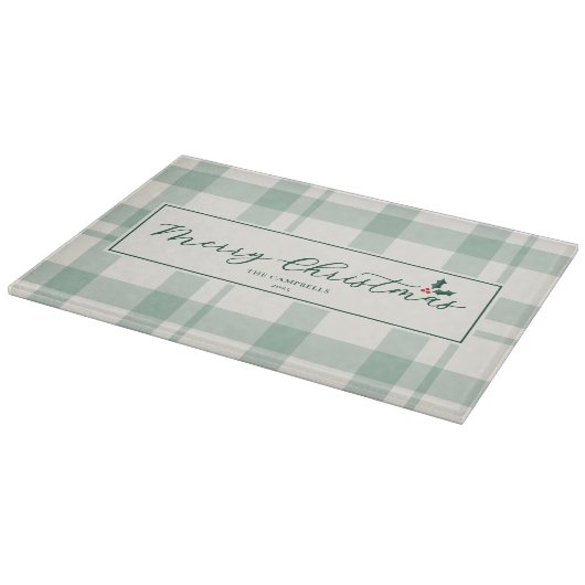 Cream and Green Plaid Merry Christmas Script Snijplank (Hoek)