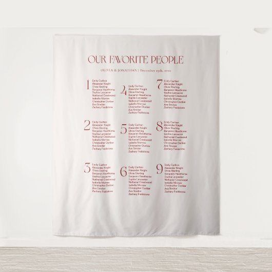 Cream and Maroon Wedding Seating Chart Fabric Wandkleed (Voorkant)