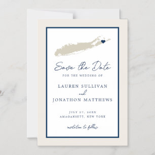 Cream and Navy Long Island NY Map Save the Date Ma Magnetische Uitnodiging
