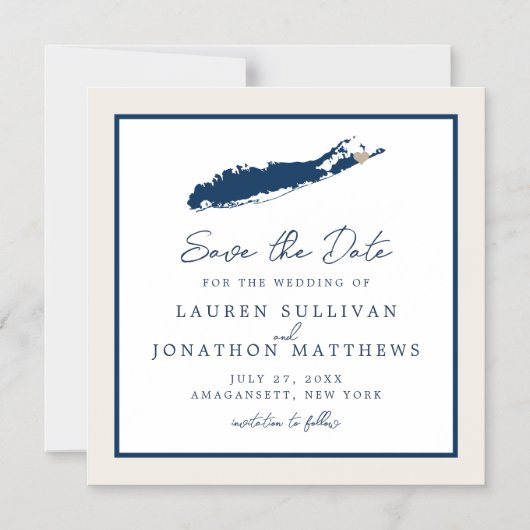 Cream and Navy Long Island NY Map Save the Date Ma Magnetische Uitnodiging (Voorkant)
