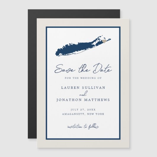 Cream and Navy Long Island NY Map Save the Date Magnetische Uitnodiging (Voorkant / Achterkant)