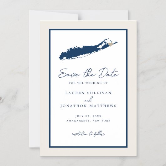 Cream and Navy Long Island NY Map Save the Date Magnetische Uitnodiging (Voorkant)