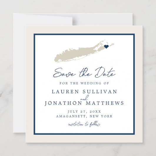 Cream and Navy Long Island NY Map Save the Date Magnetische Uitnodiging (Voorkant)
