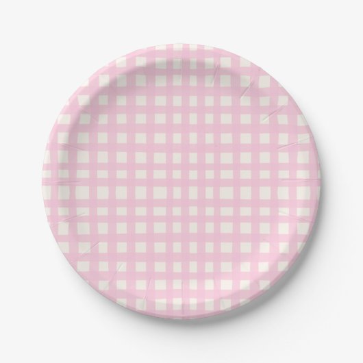 Cream and Pink Textured Imperfect Gingham Pattern Papieren Bordje (Voorkant)
