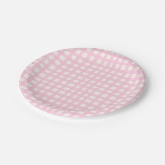 Cream and Pink Textured Imperfect Gingham Pattern Papieren Bordje (Gekanteld)