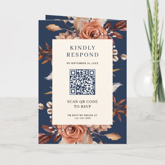 Cream and Terracotta Floral QR Code Navy Wedding (Achterkant)