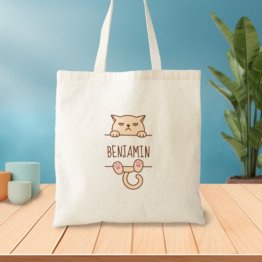 Cream Angry Cat Aangepaste naam Tote Bag