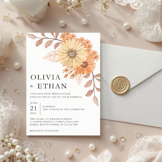 Cream Apricot Floral Wedding Invitation, W004 Kaart