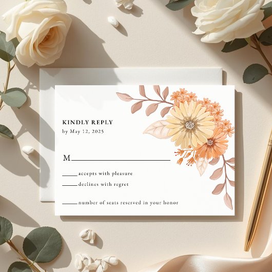 Cream Apricot Floral Wedding RSVP Card Kaartje