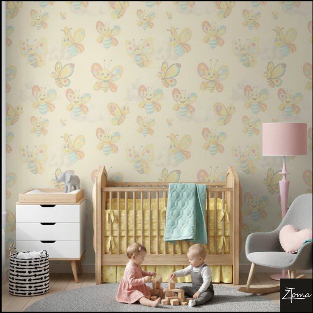 Cream Background Cute Cartoon Butterfly Pattern Behang (Creator heeft geüpload)