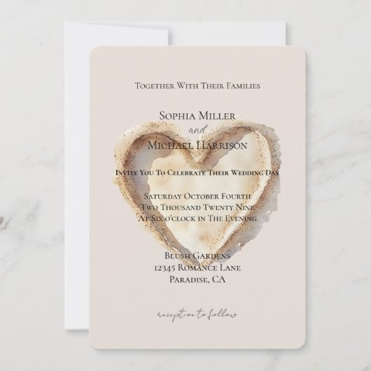 Cream Beach Heart in het zand bruiloft Kaart (Voorkant)