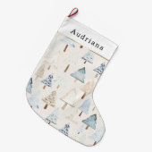 Cream Beige Blue Christmas Trees Grote Kerstsok (Voorkant (Hangend))