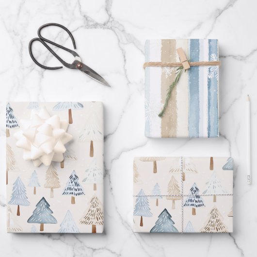 Cream Beige Blue Christmas Trees Inpakpapier Vel (Voorkant)
