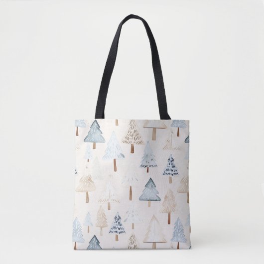 Cream Beige Blue Christmas Trees Tote Bag (Voorkant)