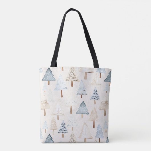 Cream Beige Blue Christmas Trees Tote Bag (Achterkant)