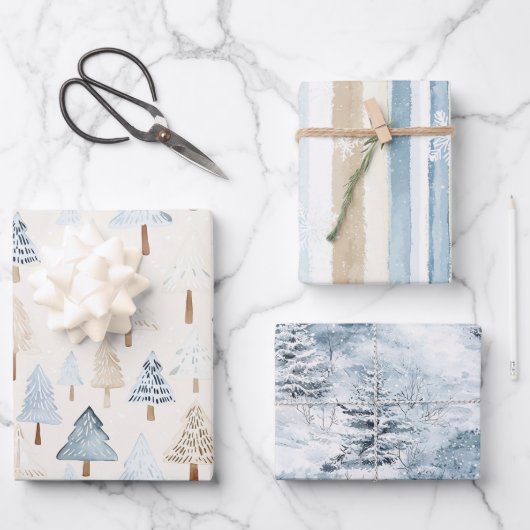 Cream Beige Blue Christmas Trees Winter Snow Inpakpapier Vel (Voorkant)