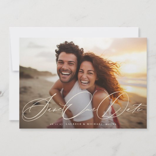 Cream Beige Elegant Classic 2 foto bruiloft Save The Date (Voorkant)