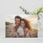 Cream Beige Elegant Classic 2 foto bruiloft Save The Date (Staand voorkant)