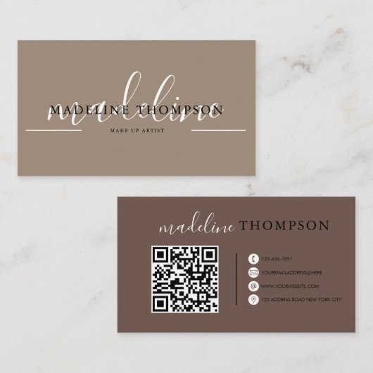 Cream Beige en Brown Calligraphy Script QR-code Visitekaartje (Voorkant / Achterkant)
