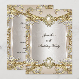 Cream Beige Gold Pearl Damask Birthday Party 2 Kaart