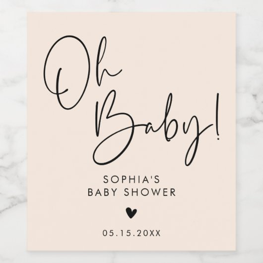 Cream Beige Oh Baby Modern Boho Baby shower Wijn Etiket (Enkel label)