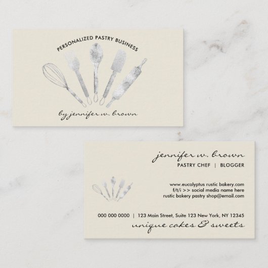 Cream Beige Silver Pastry Chef Home Bakery Visitekaartje (Voorkant / Achterkant)