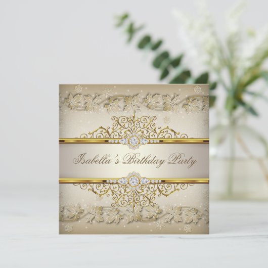 Cream Beige White Gold Elegant geboortedag Kaart (Staand voorkant)