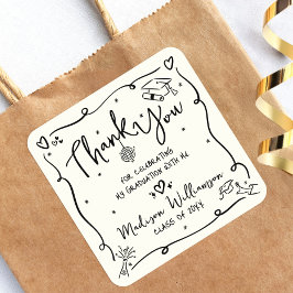 Cream Black Hand Drawn Doodle Graduation Thank You Vierkante Sticker