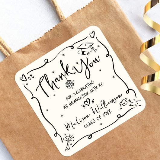 Cream Black Hand Drawn Doodle Graduation Thank You Vierkante Sticker