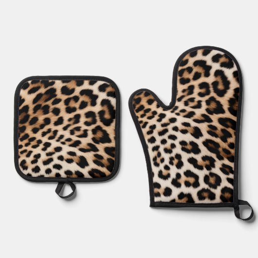 Cream Black Leopard-afdrukken Ovenwant & Pannenlap Set (Voorkant)
