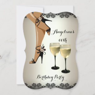 Cream Black Shoes Wine Glass Birthday Party Kaart