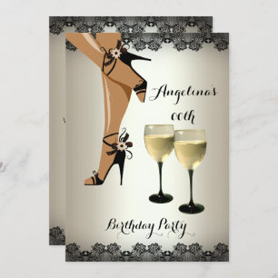 Cream Black Shoes Wine Glass Birthday Party Kaart