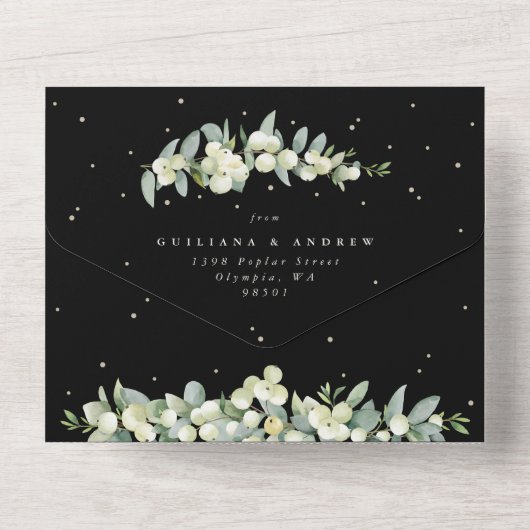 Cream/Black Snowberry+Eucalyptus alleen ontvangst All In One Uitnodiging (Achterkant)