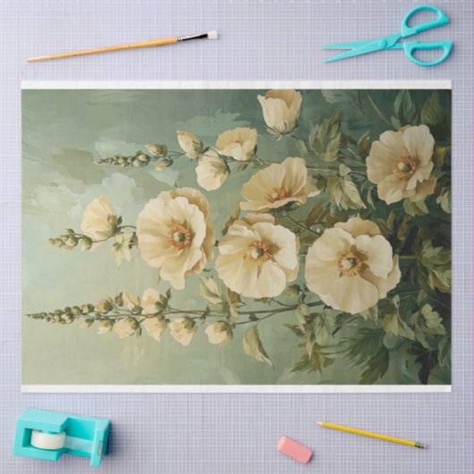 Cream bloemen op groene achtergrond tissuepapier (Craft)