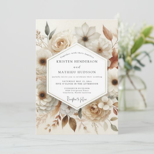 Cream Bloom Romance Wedding Kaart (Staand voorkant)
