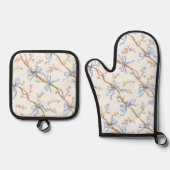 Cream Blue Bows Floral Ovenwant & Pannenlap Set (Voorkant)