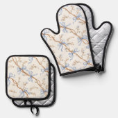 Cream Blue Bows Floral Ovenwant & Pannenlap Set (Voorkant / Achterkant)