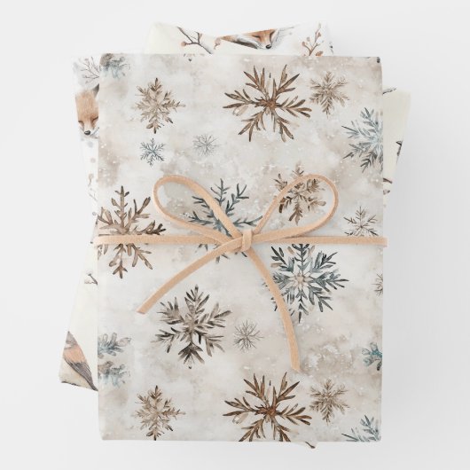 Cream Blue Brown Snowflakes Birds Fox Christmas Inpakpapier Vel (In situ)