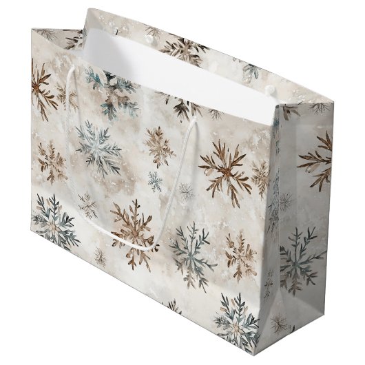 Cream Blue Brown Snowflakes Christmas Groot Cadeauzakje (Voorkant Gekanteld)