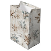 Cream Blue Brown Snowflakes Christmas Medium Cadeauzakje (Voorkant Gekanteld)