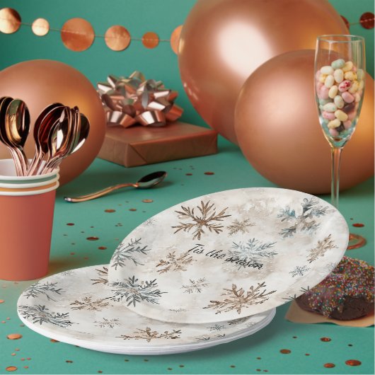 Cream Blue Brown Snowflakes Christmas Papieren Bordje (Multi)