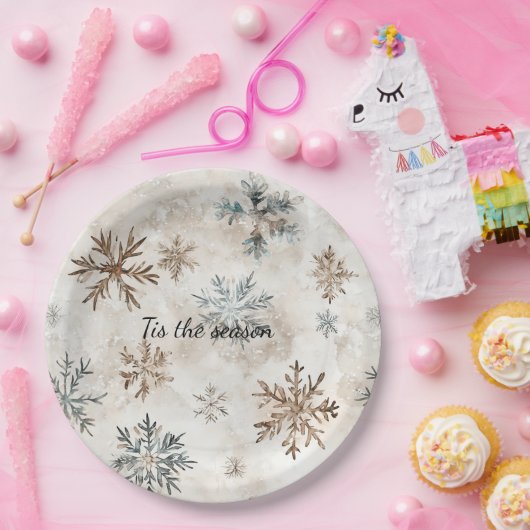 Cream Blue Brown Snowflakes Christmas Papieren Bordje (Feest)