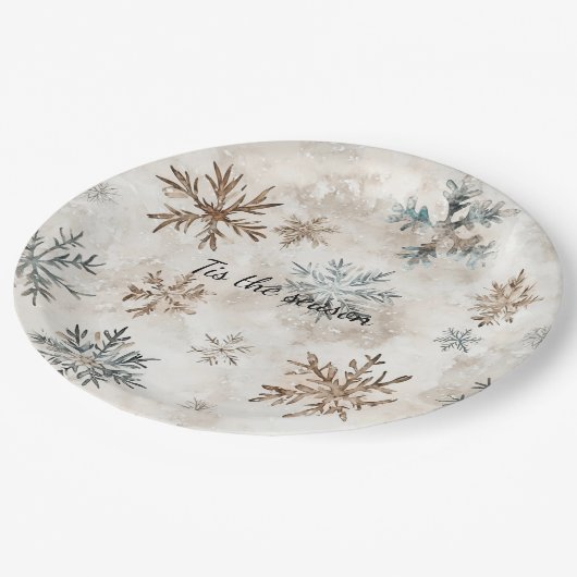 Cream Blue Brown Snowflakes Christmas Papieren Bordje (Gekanteld)