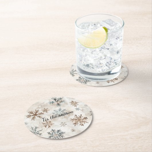 Cream Blue Brown Snowflakes Christmas Ronde Kartonnen Onderzetter (Insitu)