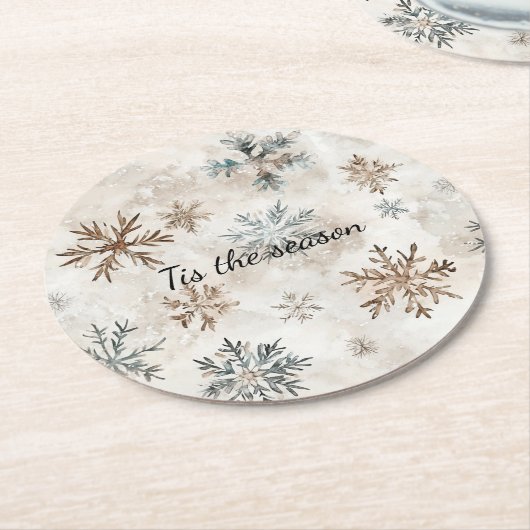 Cream Blue Brown Snowflakes Christmas Ronde Kartonnen Onderzetter (Gebogen)