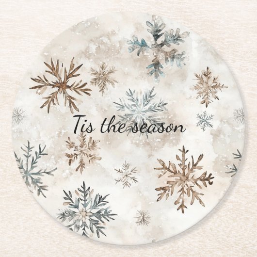 Cream Blue Brown Snowflakes Christmas Ronde Kartonnen Onderzetter (Voorkant)